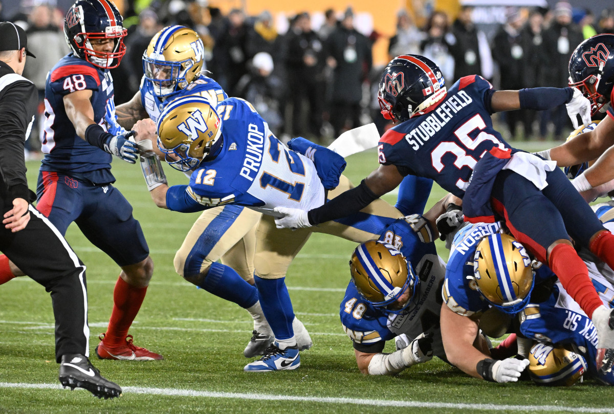 Nov 19, 2023; Hamilton, Ontario, CAN; Winnipeg Blue Bombers quarterback Dakota Prukop (12) scores a touchdown against the Montreal Alouettes in the second half at Tim Hortons Field. Mandatory Credit: Dan Hamilton-USA TODAY Sports  